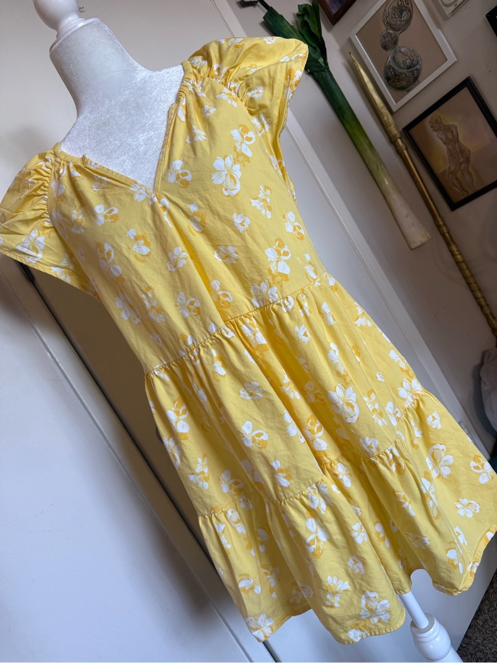 petite yellow white floral tiered summer dress with ruffles